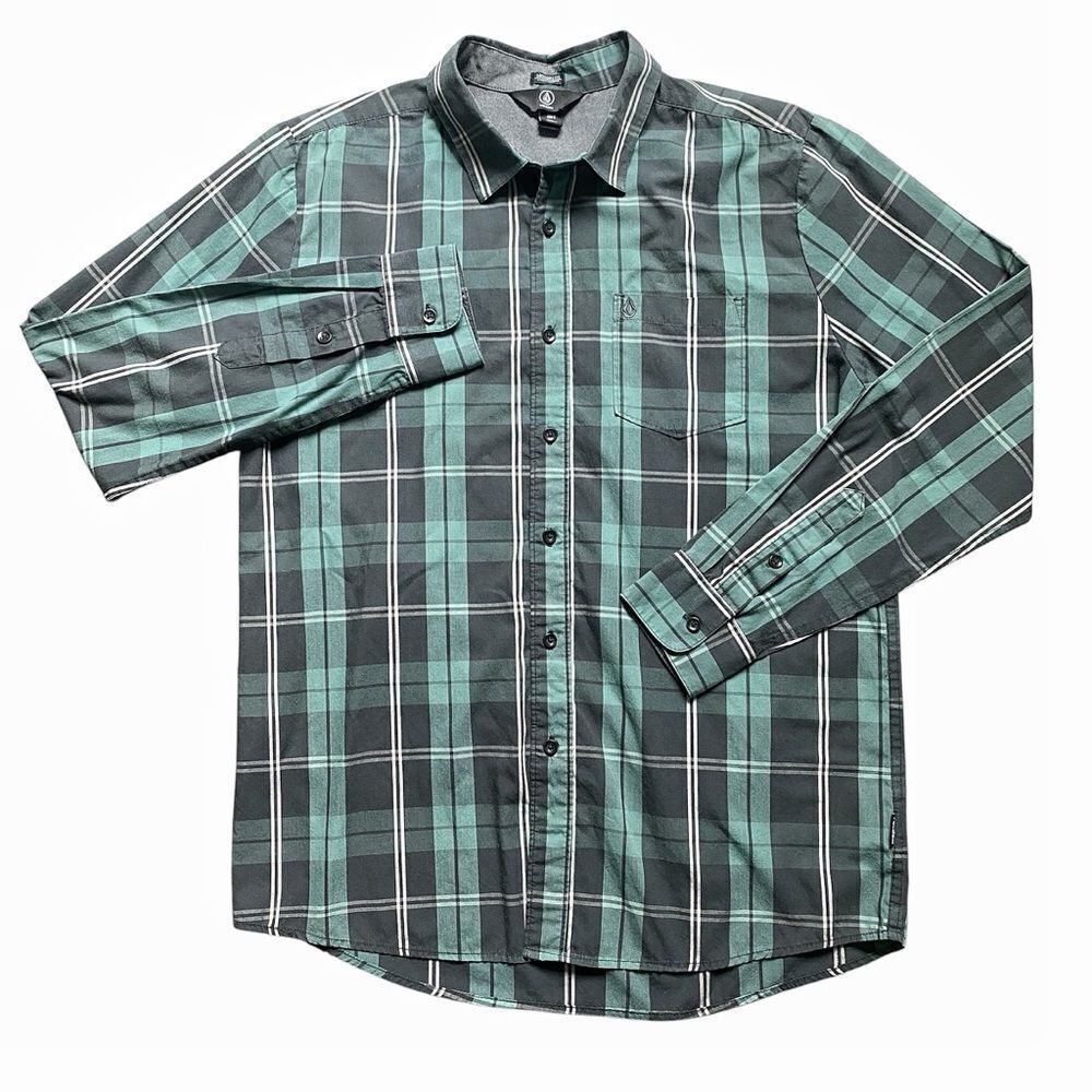 Volcom Plaid Button Down Modern Fit Large Men’s Green Gray